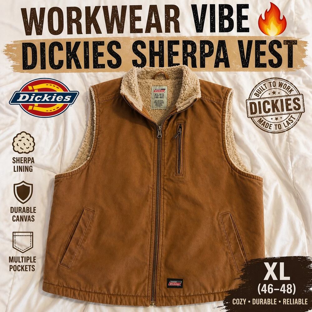 Dickies Sherpa Lined Work Vest Mens Large Brown Duck Canvas Zip Workwear Chore - Picture 2 of 6